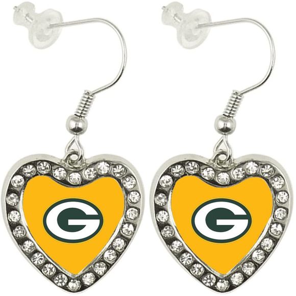 Green Bay Packers Crystal Heart Dangle Earrings - Picture 1 of 1